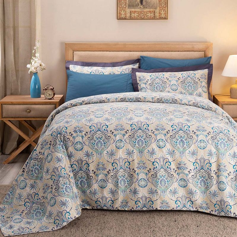 Maspar Hues Nouveau Tradition Lawn Rerun 300Tc Cotton Blue Duvet Cover, 2 Pillow Covers (Queen)