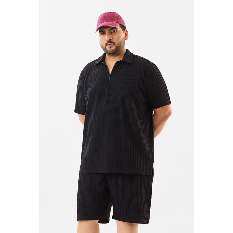 Snitch Black Textured Half Sleeves Regular Plus Size Polo T-Shirt (6XL)