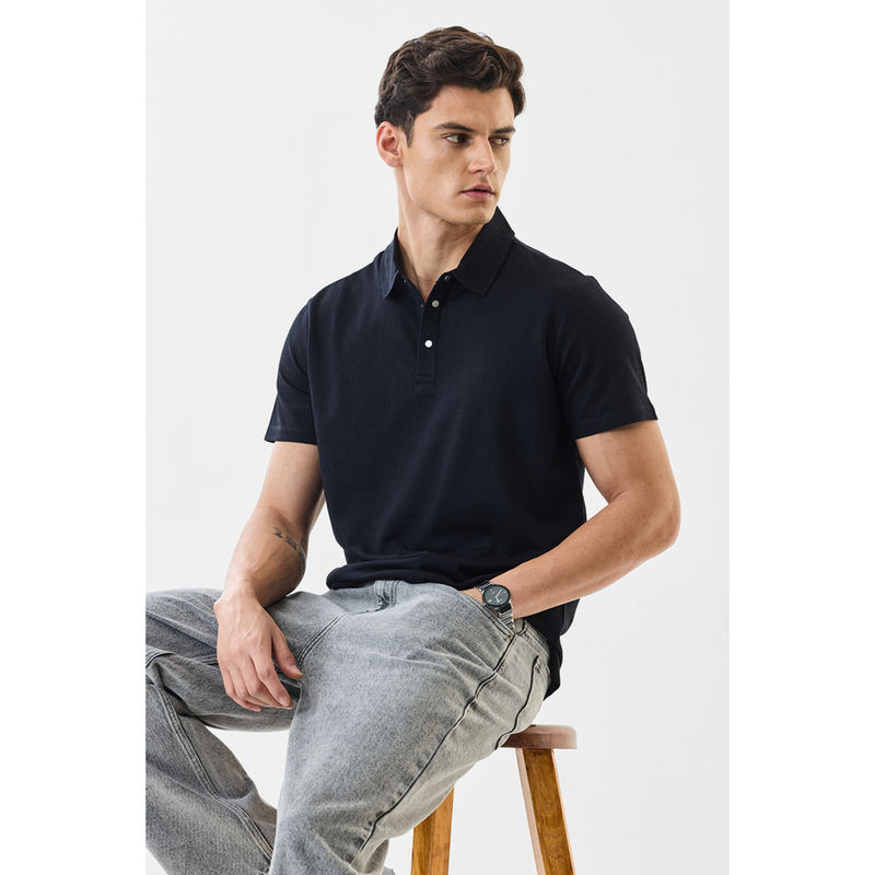Snitch Navy Blue Ribbed Half Sleeves Regular Casual Polo T-Shirt (S)