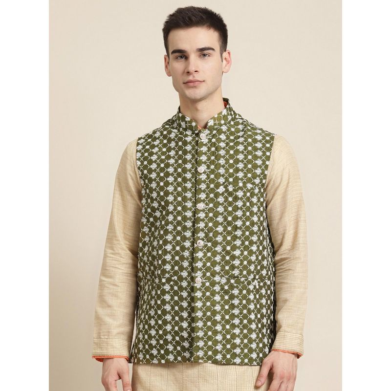 SOJANYA Giacca Nehru Uomo In Seta Jacquard Verde E Oro, Maniche Corte, Colpo Mandarino – Taglia M, Eleganza Etnica