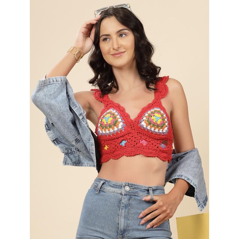 Velvery Red V-Neck Padded Bralette Top with Tie-Ups (S)