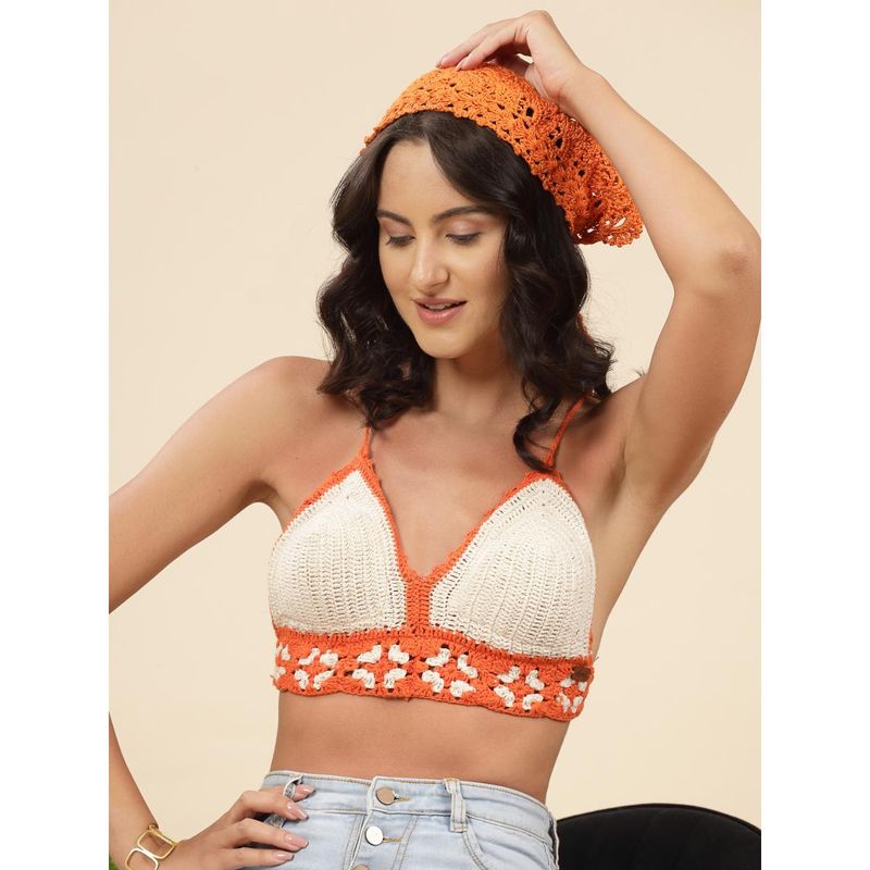 Velvery White V-Neck Floral Padded Bralette Top with Tie-Ups (M)