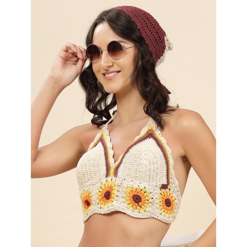 Velvery White Halter Neck Sun Flower Padded Bralette Top with Tie-Ups (S)