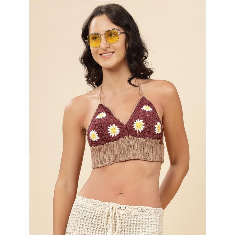 Velvery Brown Halter Neck Floral Padded Bralette Top with Tie-Ups (L)