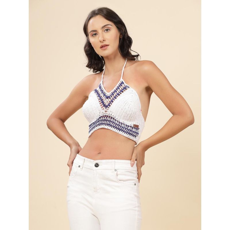 Velvery White Halter Neck High Coverage Padded Bralette Top with Tie-Ups (M)