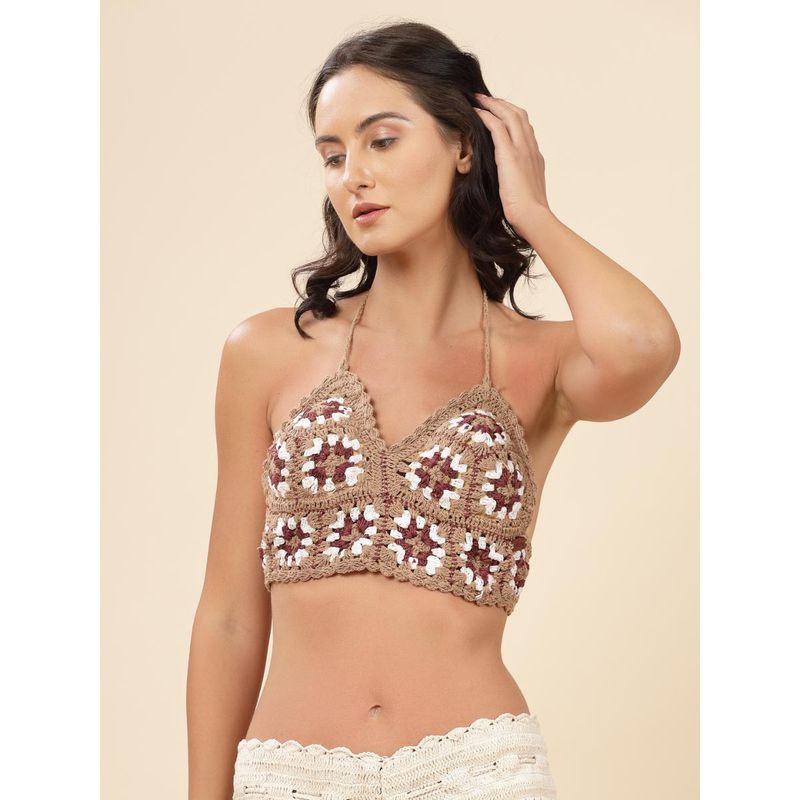 Velvery Brown Halter Neck Granny Square Padded Bralette Top with Tie-Ups (S)