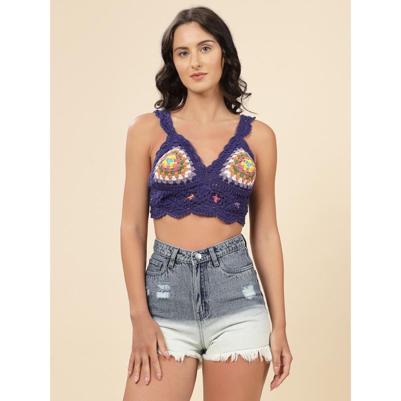 Velvery Blue V-Neck Frilled Straps Padded Bralette Top with Tie-Ups (S)