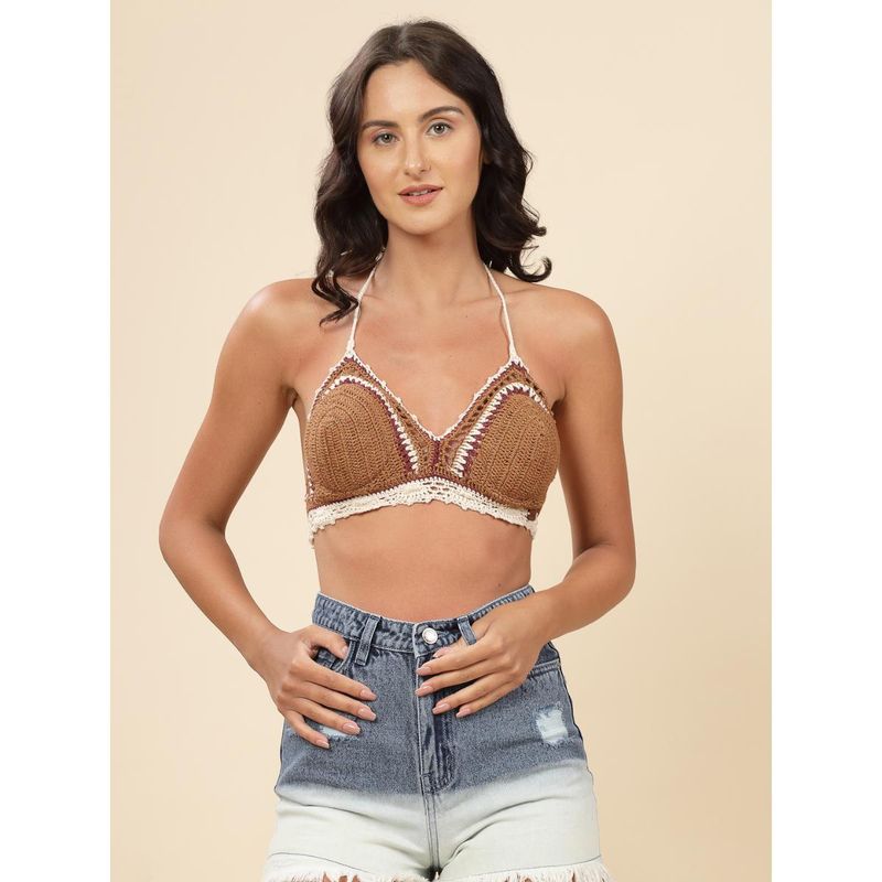Velvery Brown Halter Neck Padded Bralette Top with Tie-Ups (S)