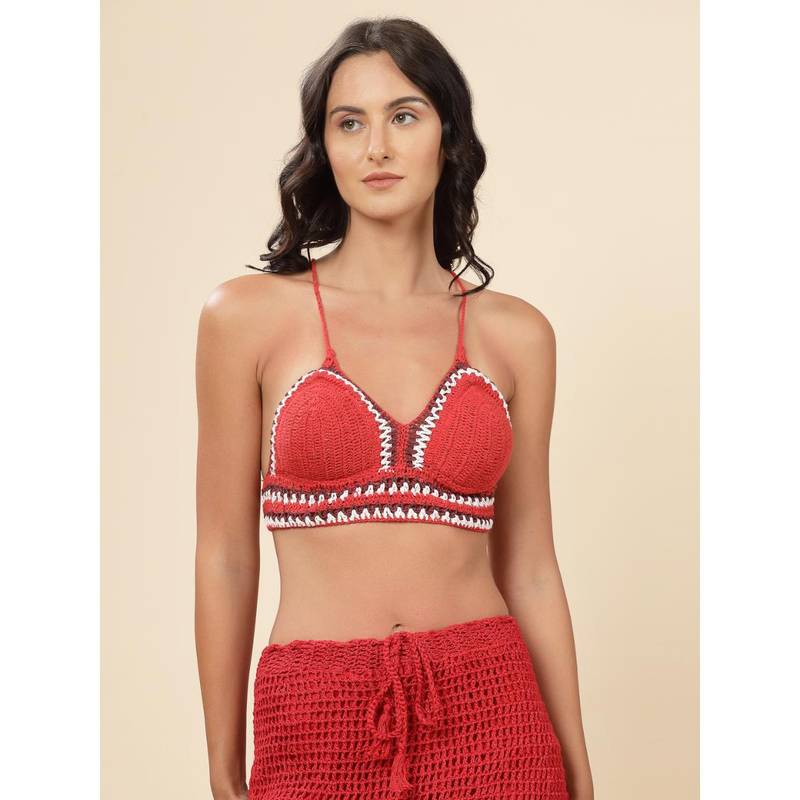 Velvery Red Halter Neck Padded Bralette Top with Tie-Ups (XL)
