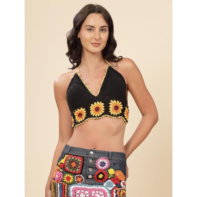 Velvery Black Halter Neck Sun Flower Padded Bralette Top with Tie-Ups (XL)