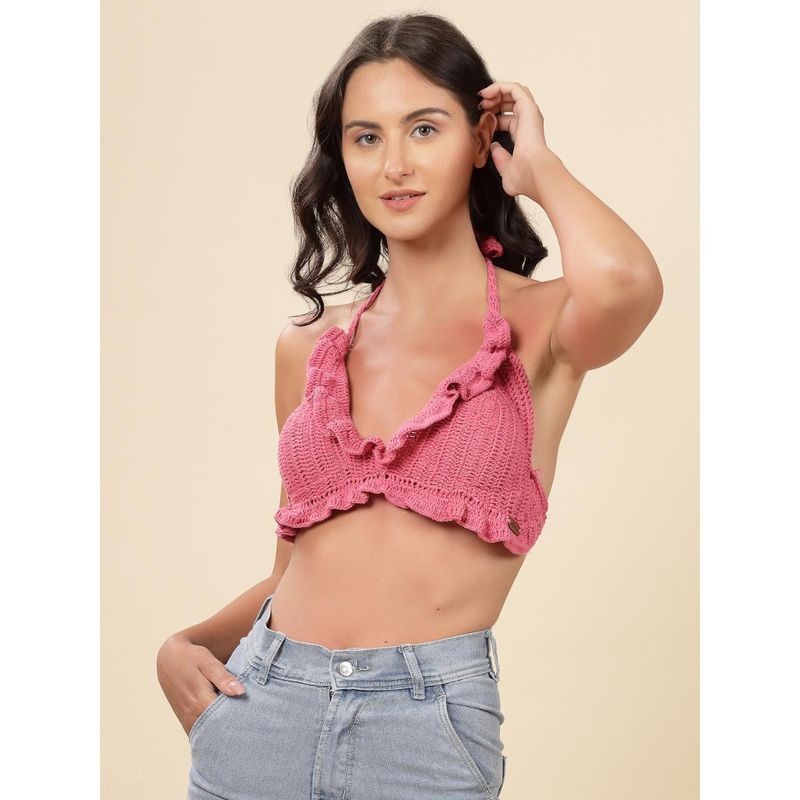 Velvery Pink Halter Neck Frilled Neck Padded Bralette Top with Tie-Ups (XL)
