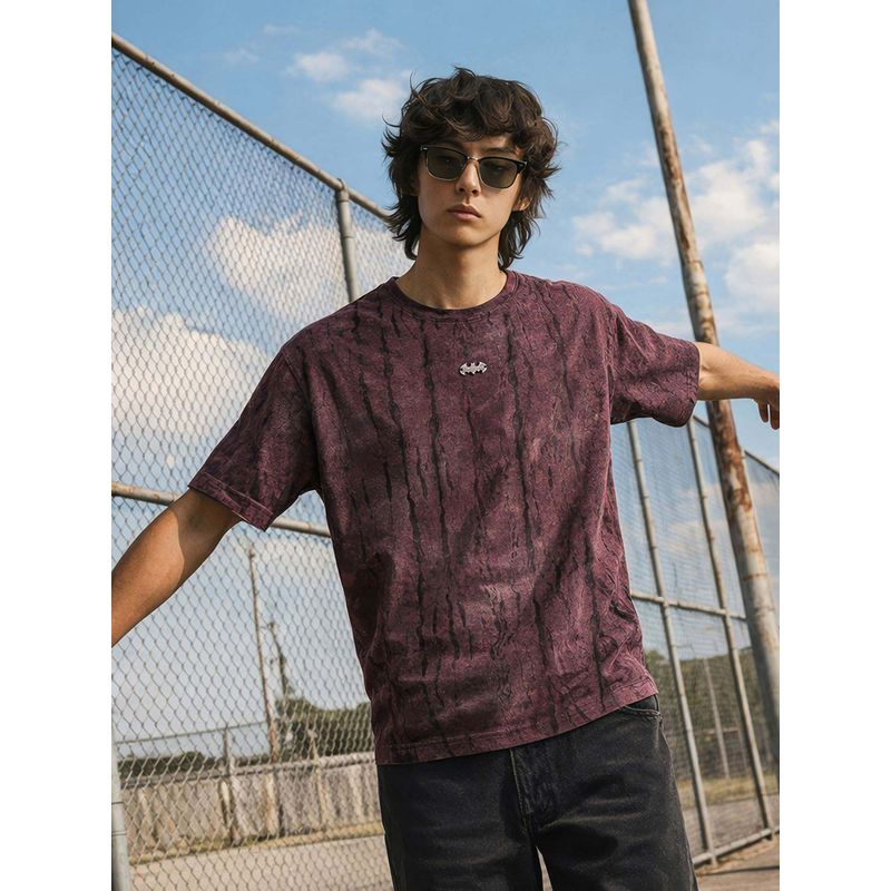 The Indian Garage Co Wine Men Boxy Fit Distressed Round Neck Half Sleeves T-Shirt (S)