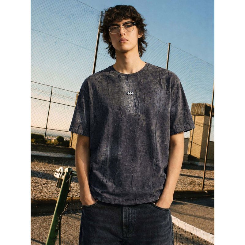 The Indian Garage Co Black Men Boxy Fit Distressed Round Neck Half Sleeves T-Shirt (S)