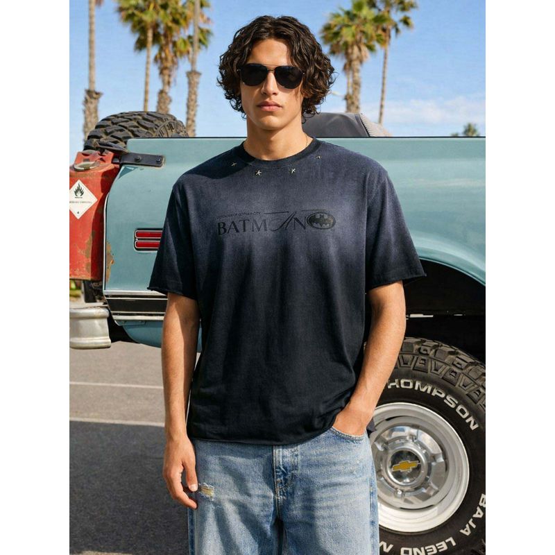 The Indian Garage Co Black Men Relaxed Fit Distressed Crew Neck Half Sleeves T-Shirt (S)