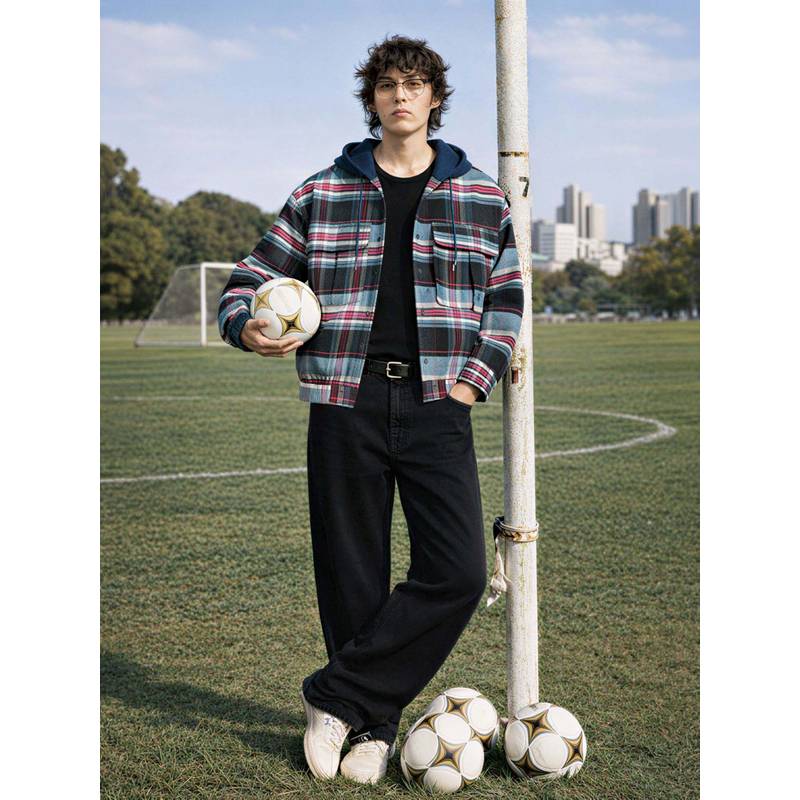 The Indian Garage Co Black Men Boxy Fit Checked Hooded Full Sleeves Cropped Shirt (M)