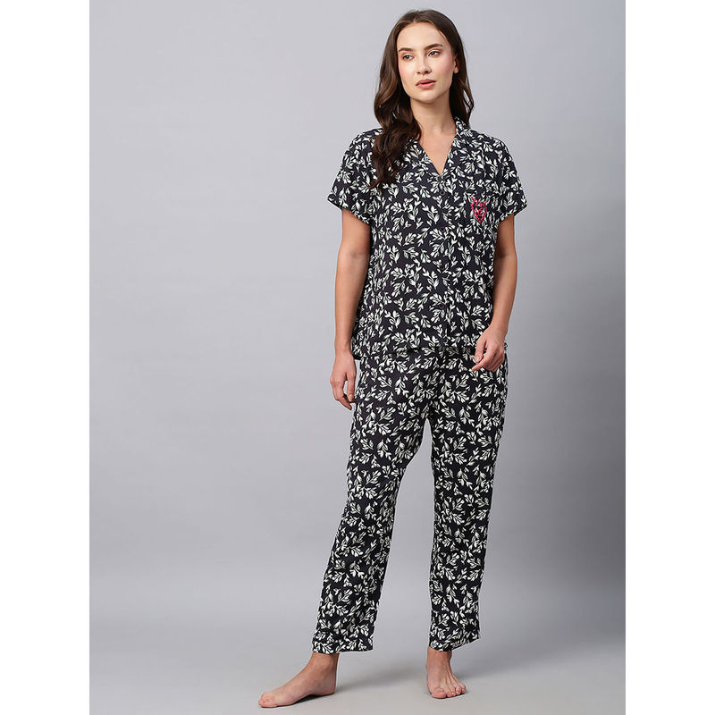 Chemistry Floral Black Printed Rayon Night suit Pyjama & Shirt (Set of 2) (3XL)