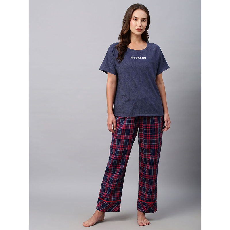 Chemistry Blue Melange Tee And Plaid Pyjama Night Suit (Set of 2) (2XL)