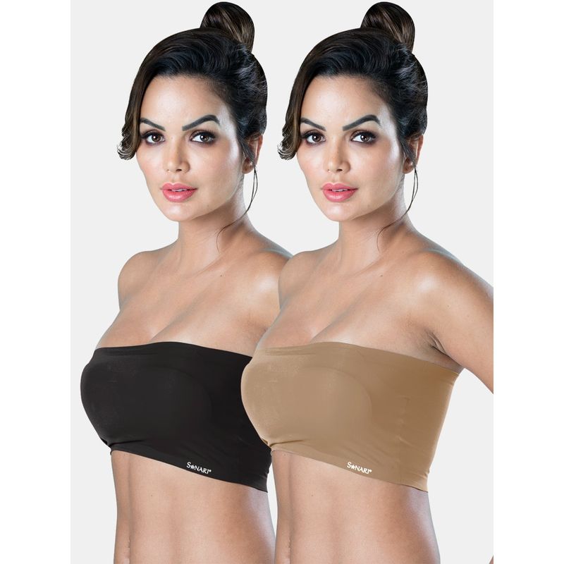 Sonari Tubular Bra for Womens Removeable Pads and Strapless Bandeau Tube Bra (Pack of 2) (L)