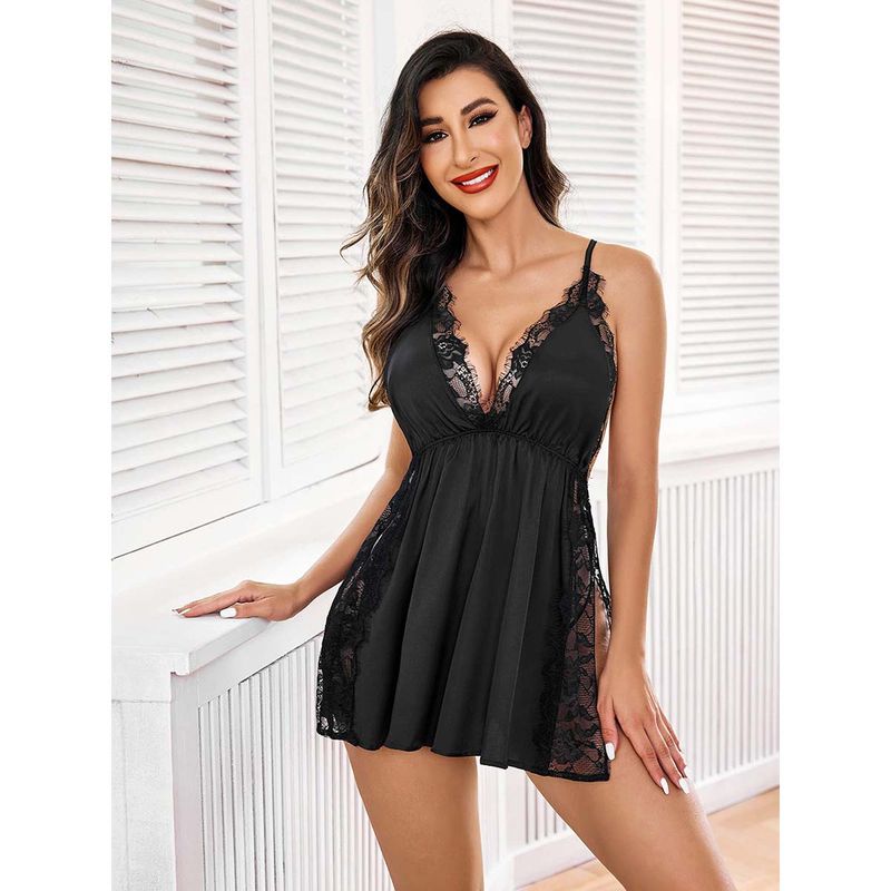 Secrets By ZeroKaata Women Black Solid Baby Doll Lingerie with Panty (Set of 2) (XS)