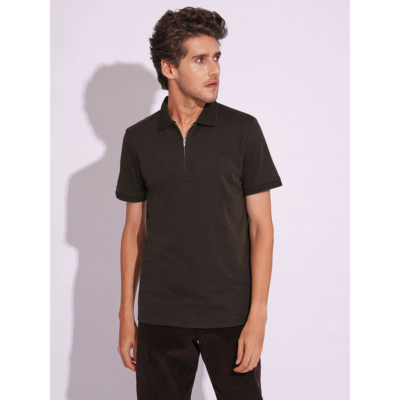 Selected Brown Organic Cotton Zipped Polo T-Shirt (S)