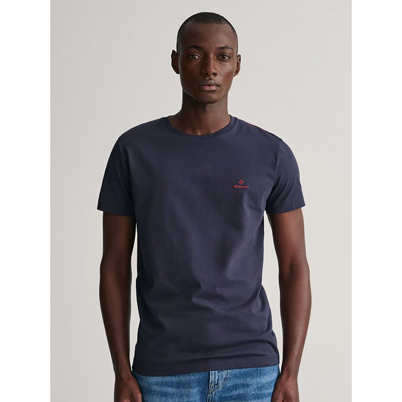 GANT Men Blue Solid Round Neck Short Sleeves T-Shirt (S)