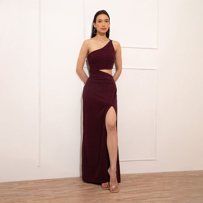 RSVP by Nykaa Fashion Maroon One Shoulder Bodycon Maxi Dress (M)