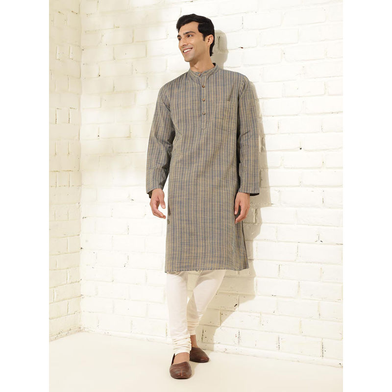 Fabindia Blue Cotton Striped Long Kurta (S)