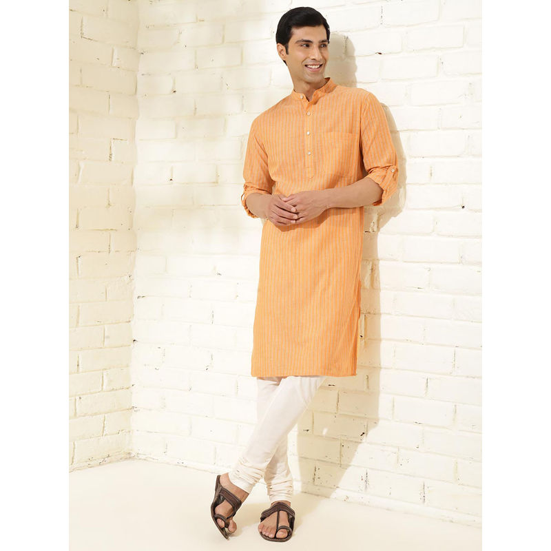Fabindia Yellow Cotton Striped Slim Fit Long Kurta (XS)