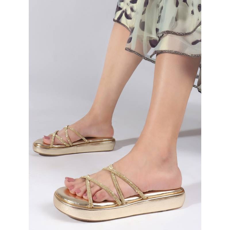 ELLE Women Gleaming Gold Multi-Strap Platform Sandals (EURO 36)