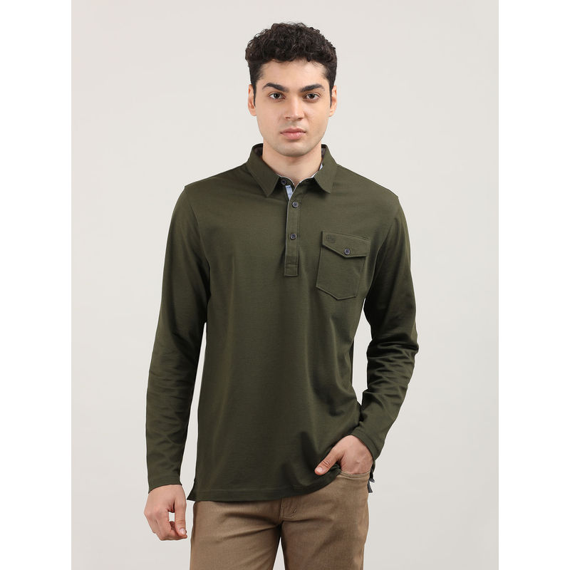 Dragon Hill Full Sleeves Olive Solid Slim Fit Polo T-Shirt (L)