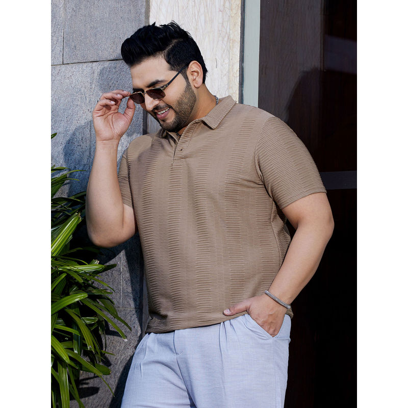 Instafab Plus Men Almond Brown Flatten-Ruched Polo T-Shirt (5XL)