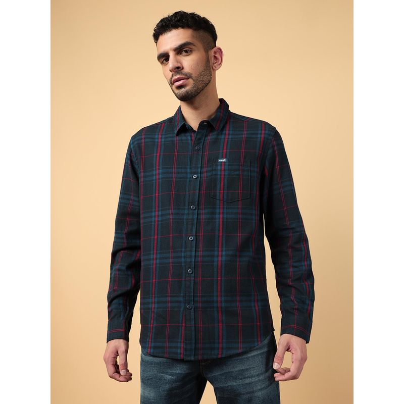 Wrangler Mens Checks Navy Blue Casual Shirt (L)