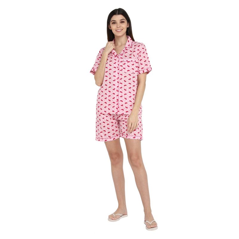 Shopbloom Premium Cotton Print Shirt & Short's Set Women's Night Suit | Night Dress - Pink (XS)