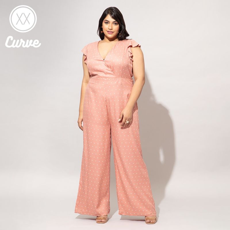 Twenty Dresses by Nykaa Fashion Curve Coral Polka Dot V Neck Jumpsuit (2XL)