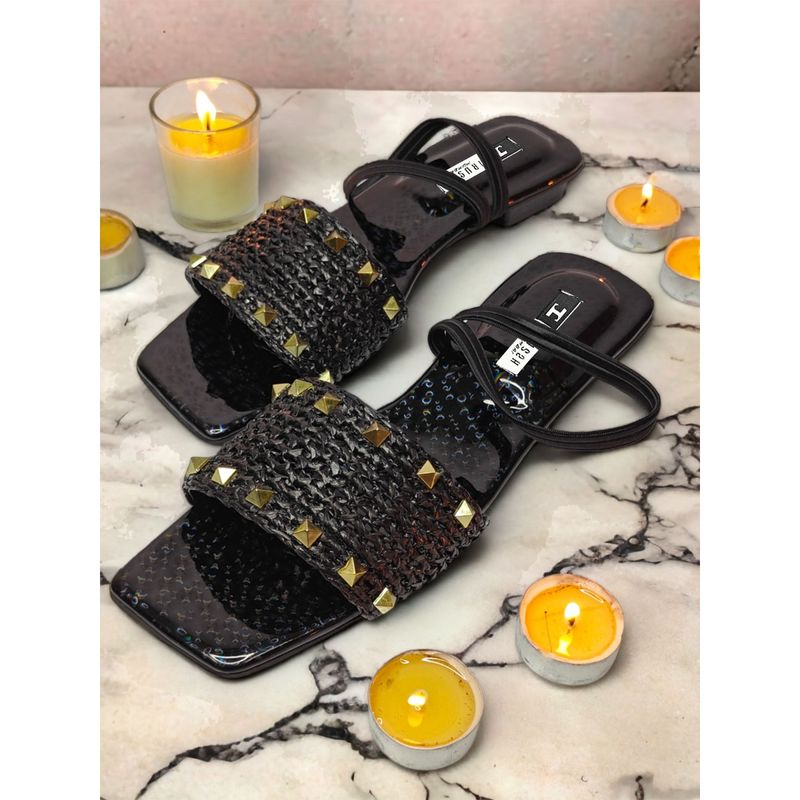 IRUSSH Black Studded Raffia Sandals with Elastic (EURO 35)
