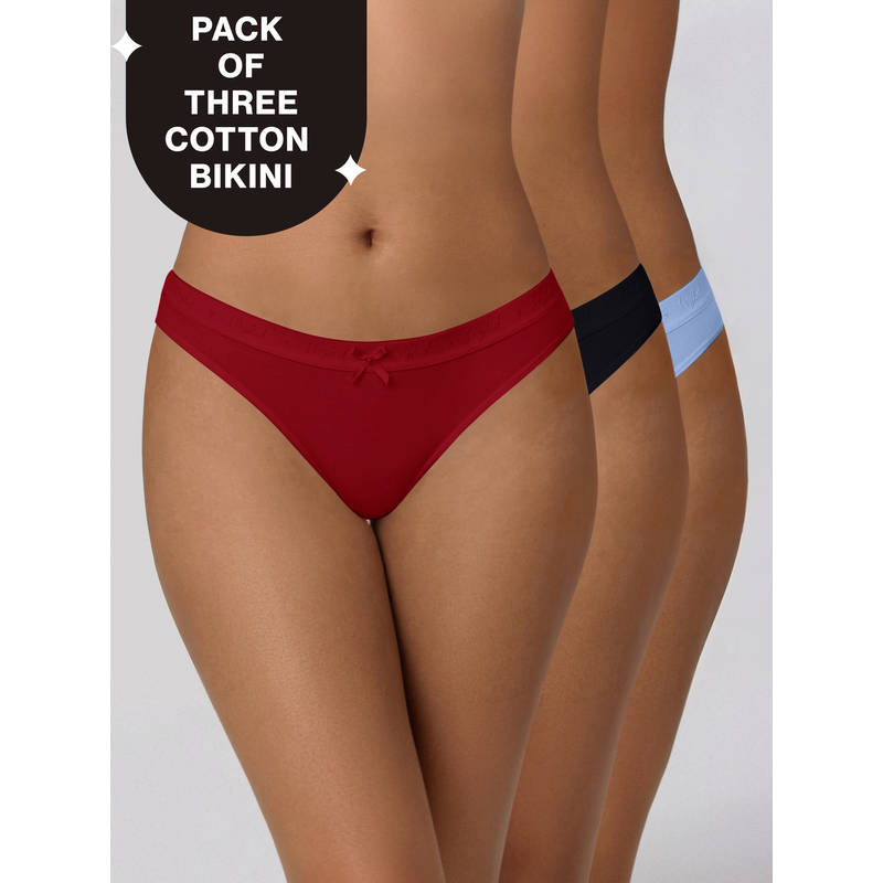 Low Rise Cotton Bikini Panty with Outer Elastic-Jet Black C Red Sky Blue NYP390 PO3 (L)