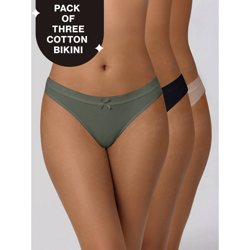 Low Rise Cotton Bikini Panty with Outer Elastic-Jet Black Taupe Green NYP390 PO3 (L)