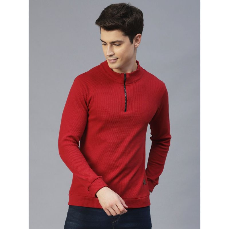 RIGO Men Maroon Henley Neck Full Sleeves Waffle Knit T-Shirt (L)