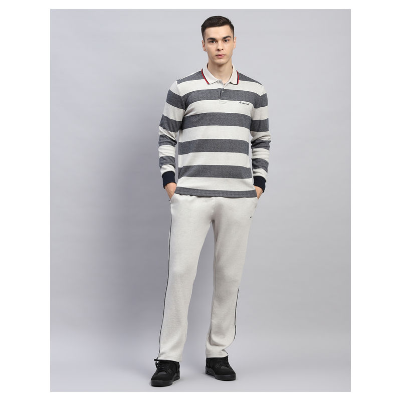 Monte Carlo Striped Grey Collared Neck Full Sleeve Tracksuit (Set of 2) (M)