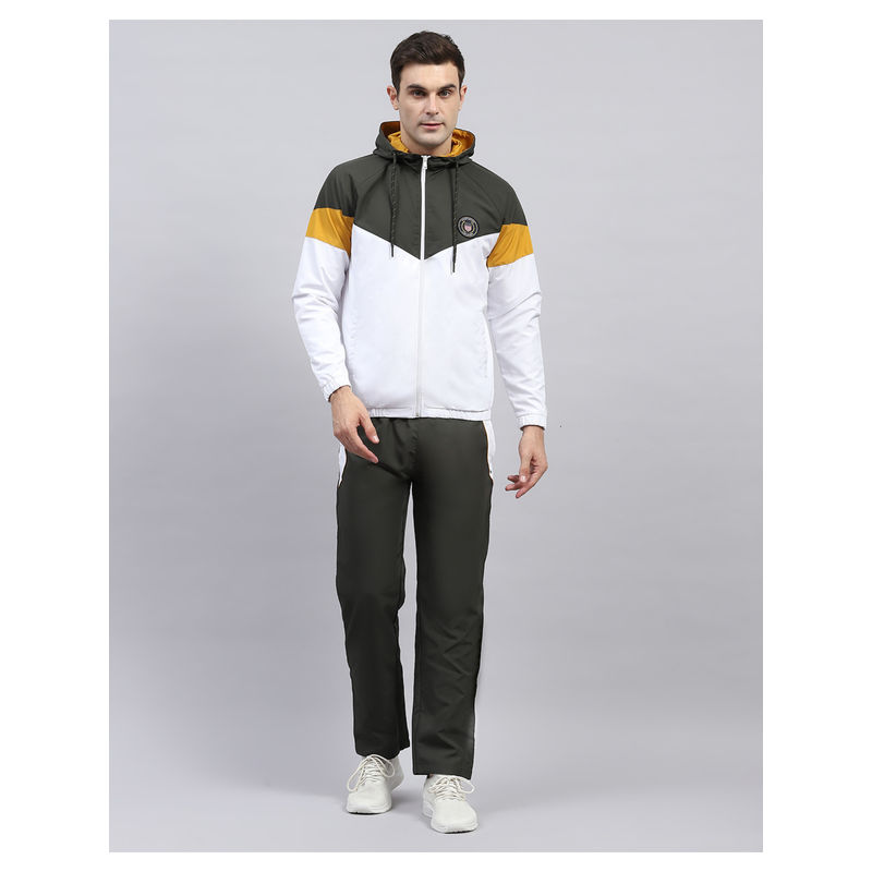 Monte Carlo Solid Olive and White Hooded Neck Full Sleeve Tracksuit (Set of 2) (L)