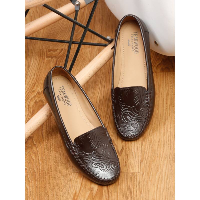 Teakwood Women Brown Leathers Black Slip-On Loafers (EURO 38)