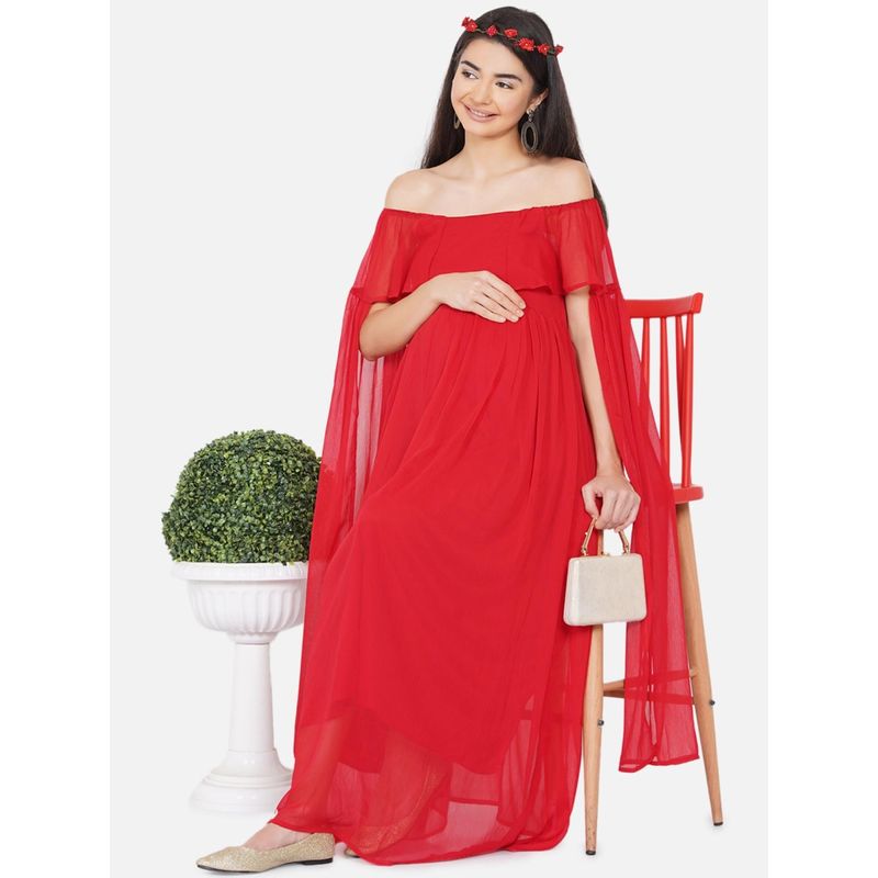 Mine4Nine Womens Maternity Solid Red Color Maxi Baby Shower Dress (XL)