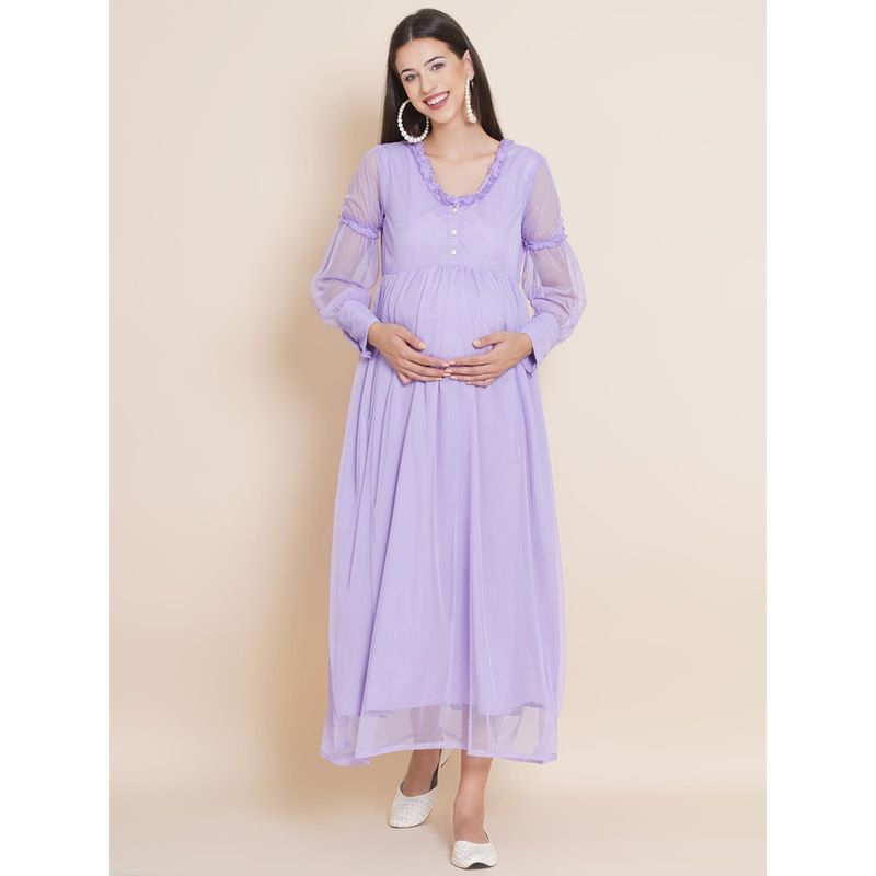 Mine4Nine Womens Maternity Solid Lavender Color Maxi Baby Shower Dress (M)