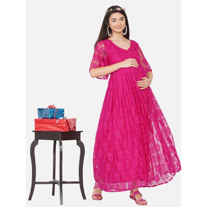 Buy Mine4Nine Womens Maternity Solid Pink Color Maxi Baby Shower Dress