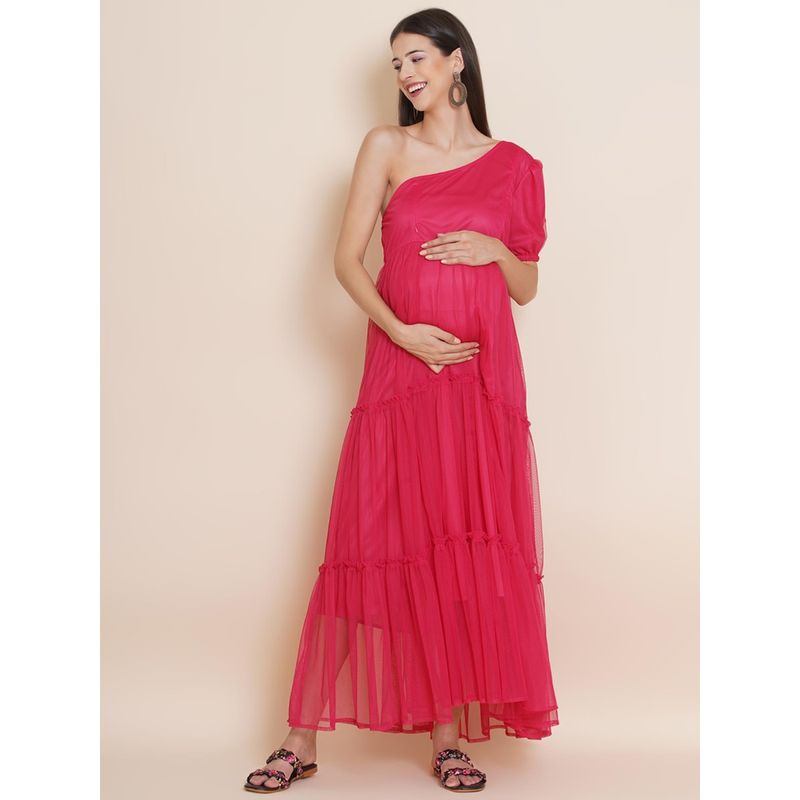 Mine4Nine Womens Maternity Solid Pink Color Maxi Baby Shower Dress (L)