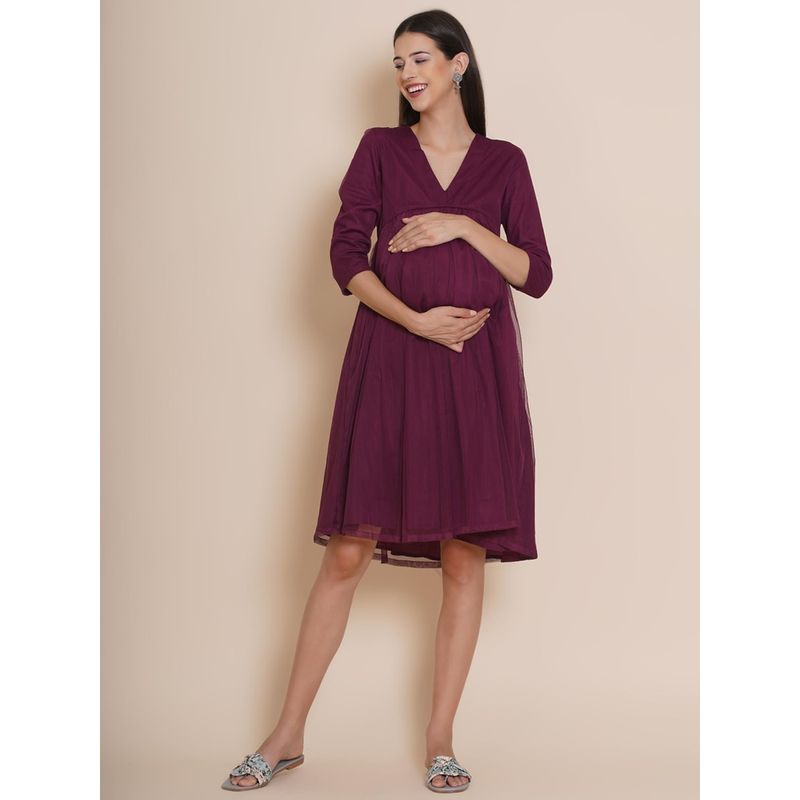 Mine4Nine Womens Maternity Solid Wine Blue Color Maxi Baby Shower Dress (M)