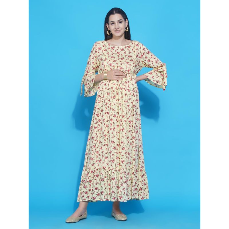 Mine4Nine Womens Yellow Floral Maxi Rayon Maternity And Nursing Dress (M)