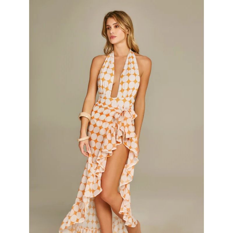 Addery Orange And White Geometric Print Monokini With Sarong (Set of 2) (L)