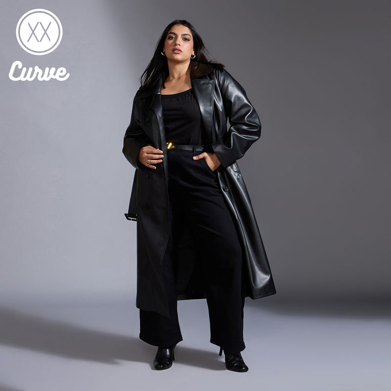 Twenty Dresses by Nykaa Fashion Curve Black Lapel Collar Leather Overcoat with Belt (Set of 2) (2XL)