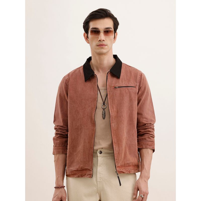 WROGN Brown Regular Fit Zipper Denim Jacket (M)